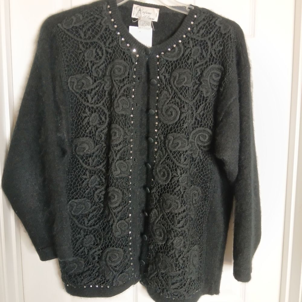 VINTAGE Angora & Wool Black Lace Italian Women's Sweater w/ Rhinestones SZ XL